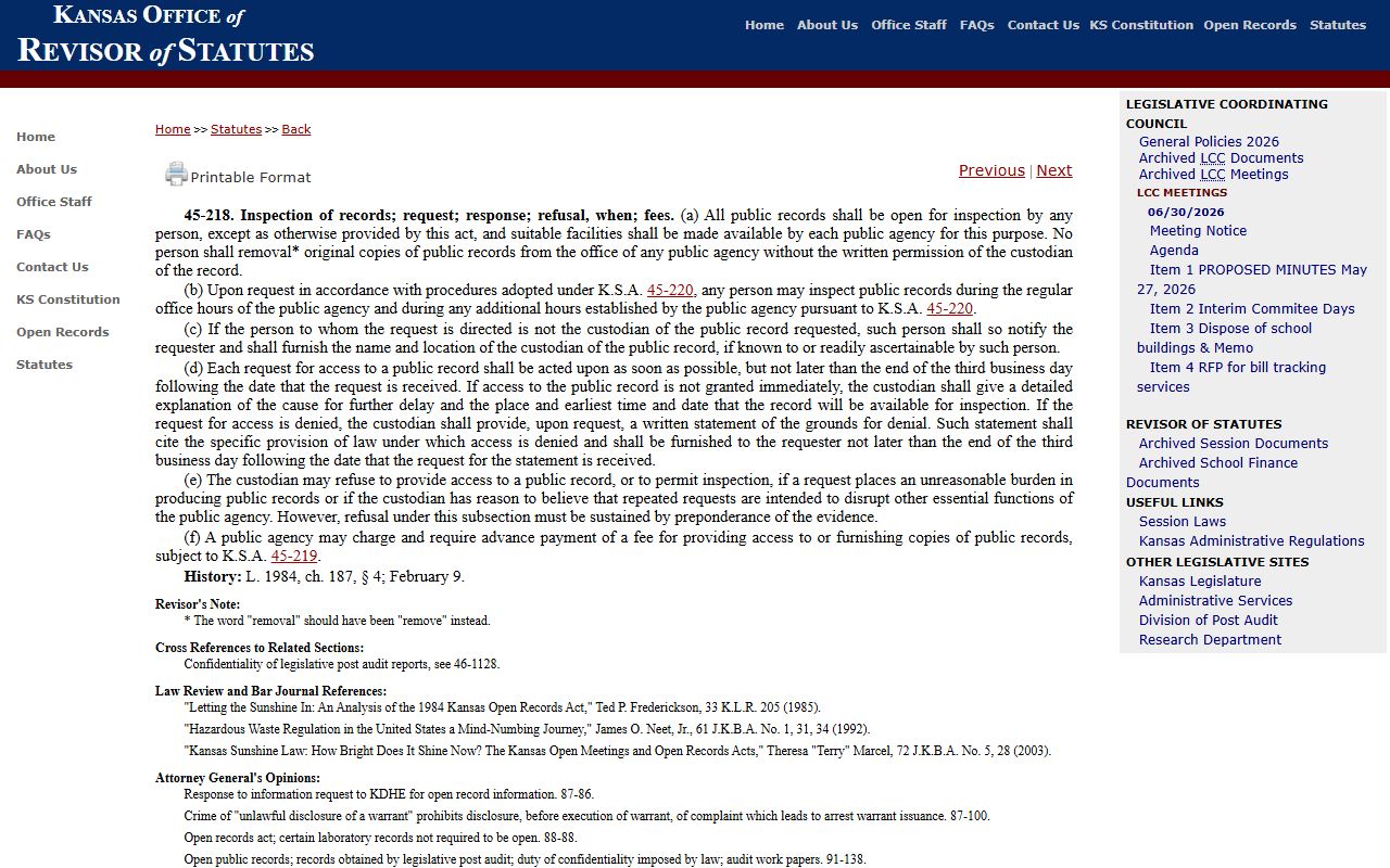 Hamilton County Clerk of the District Court records requests under Kansas inspection law