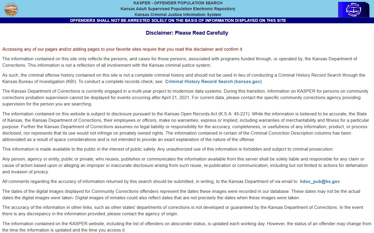 Hamilton County inmate records KDOC KASPER offender search disclaimer