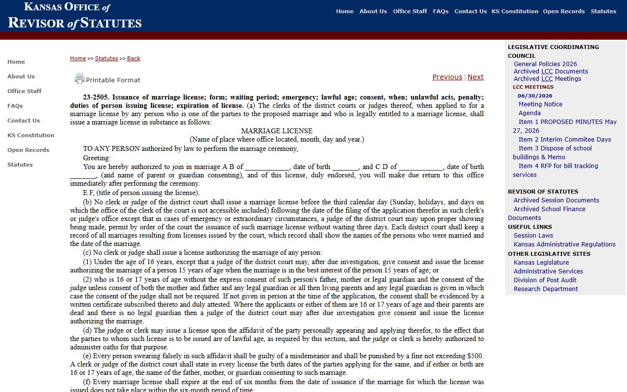 Hamilton County marriage records K.S.A. 23-2505 marriage license issuance