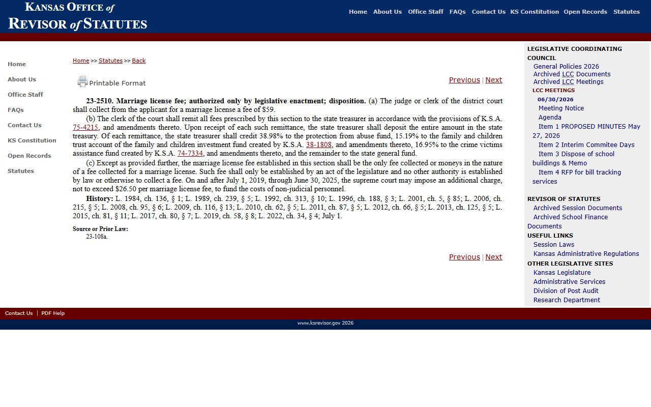 Hamilton County marriage records K.S.A. 23-2510 marriage license fee